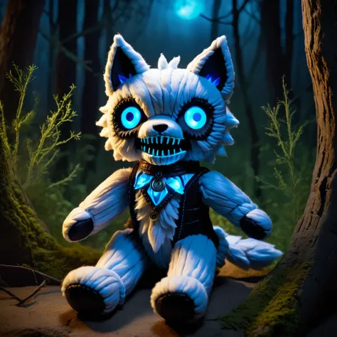 (knitted toy voodoo doll:1.7), (Voodoo Phantom Wolf:1.3), (Clothing: ghostly fur with glowing blue eyes:1.0), (Accessories: enchanted spectral fangs, glowing ethereal collar, mystical haunted wilderness:1.2), (background: moonlit forest with floating, glow...