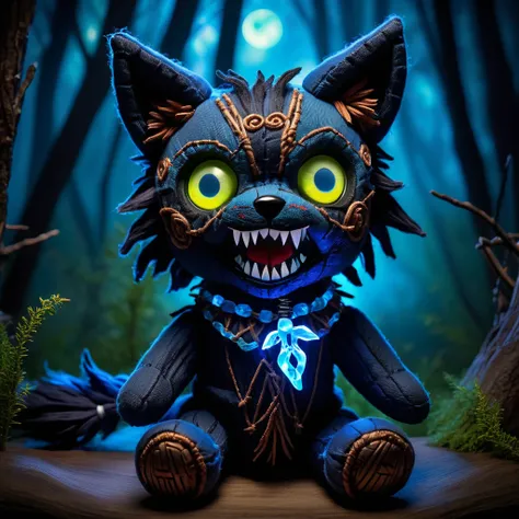 (knitted toy voodoo doll:1.7), (Voodoo Phantom Wolf:1.3), (Clothing: ghostly fur with glowing blue eyes:1.0), (Accessories: enchanted spectral fangs, glowing ethereal collar, mystical haunted wilderness:1.2), (background: moonlit forest with floating, glow...