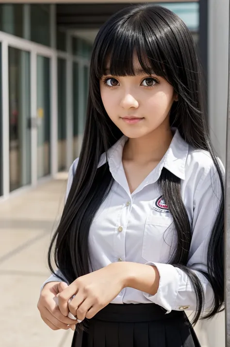 Girl with bangs,black hair color,long hair,cute,student uniform,anime eyes,fix hand