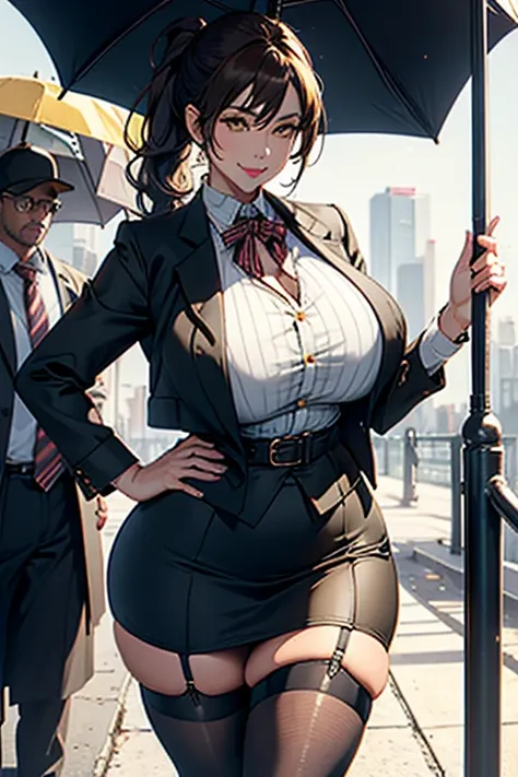 Best Quality, lonely mature woman, giant breasts, giant ass, very curved, brown low ponytail, yellow eyes umbrella, full lips, seductive, smiling, maestro, open black button up, ( POSTURE: Hold the chest with both hands), striped jacket, tight pencil skirt...