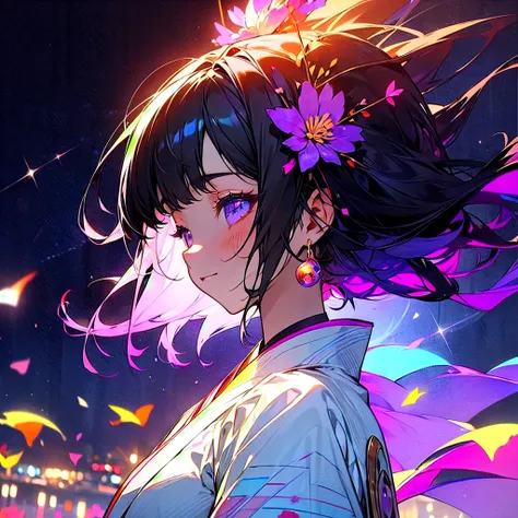 (beautifully、aesthetic:1.2)、(1 Girl:1.3)、(Black Hair:1.2)、Wearing a purple kimono、miracle、happinessそうな笑顔、like、happiness、Great space、night、Fireworks space、Fantastic space、fireworks are in full bloom、