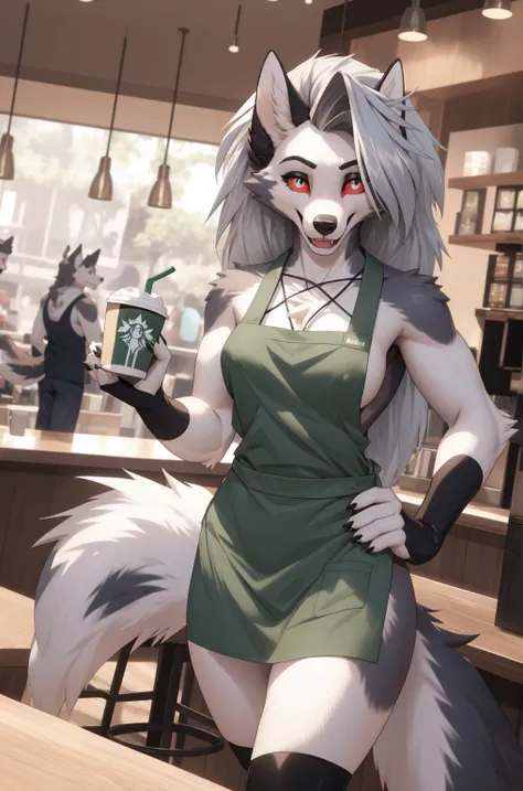 Loona, female, hellhound, long hair, busty, wearing a sleeveless green Starbucks apron, wearing a green Starbucks hat, as a Starbucks employee working at Starbucks cafe, tail, red eyes, happy, horny, sexy, hd 8k m, 