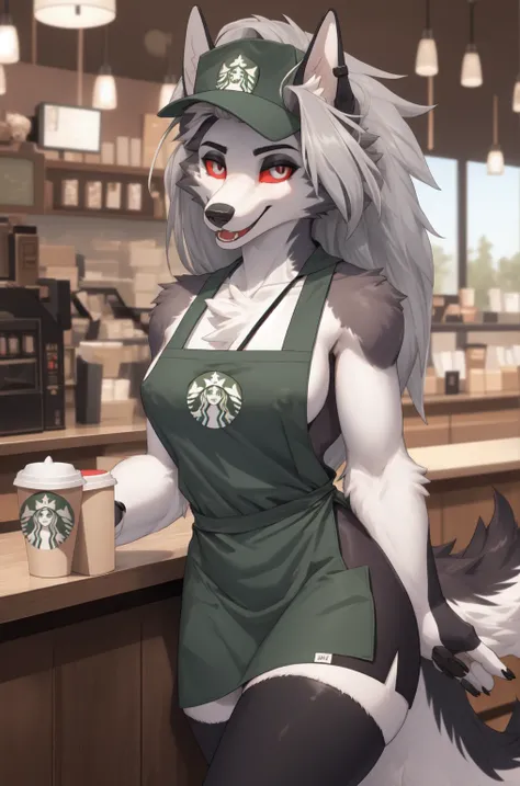 Loona, female, hellhound, long hair, busty, wearing a sleeveless green Starbucks apron, wearing a green Starbucks hat, as a Starbucks employee working at Starbucks cafe, tail, red eyes, happy, horny, sexy, hd 8k m, 