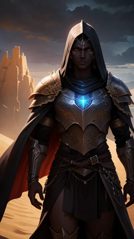 a powerful, dark-skinned desert warrior god, dramatic lighting, epic fantasy, highly detailed, intricate armor, detailed sword, flowing cape, intense gaze, glowing eyes, complex facial features, dark clouds, sand dunes, dramatic shadows, moody atmosphere, ...