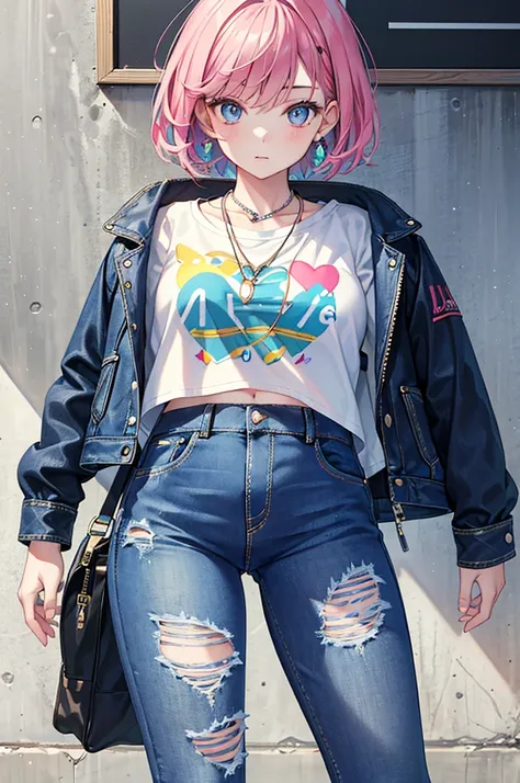 ((best quality)), ((masterpiece)), (detailed), perfect face, 1 girl, a cute graphic tee paired with high-waisted jeans, accessorized with a fun statement necklace and some colorful sneakers. Top it off with a denim jacket and a stylish backpack for a casua...