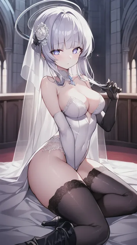 A girl，16 years old，long hair, Bangs, White hair, Hair between the eyes, Purple Eyes:（1.5),  (Medium breasts:1.2), 
rest  锁骨, Wedding dress，veil，wedding，Black dress，Flowers，dress，Black socks，Black knee socks，Black gloves，Long boots，Cleavage，
Looking at the...