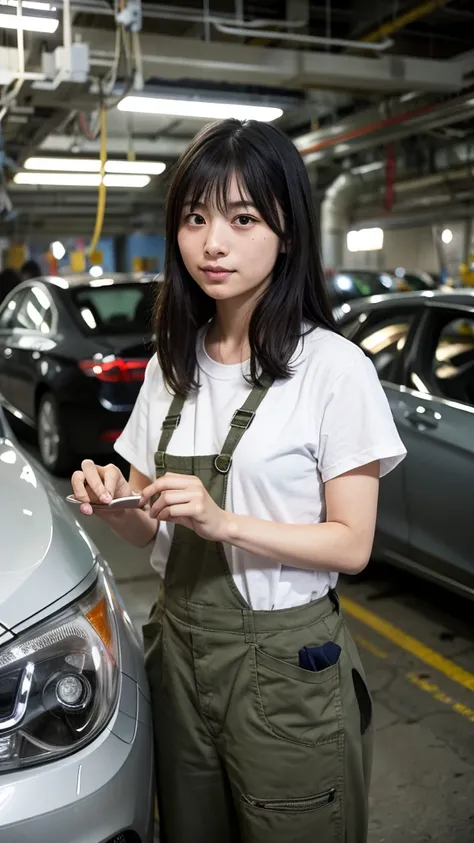 from flont,Japanese women、cute、Mechanic working in a busy car factory (setting: industrial use, Cluttered). She&#39;s wearing a mechanic&#39;s jumpsuit (fabric: durability, oil stains) with tool belt. Wearing a yellow mechanic&#39;s helmet、Her hair is tied...