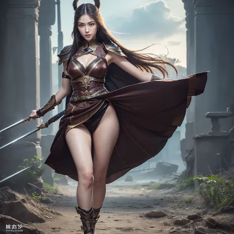 High quality 8k masterpiece (((high quality)) Female warrior, photo-like, slender, narrow eyes, straight nose, tall, legs, full-body photo, clear eyes, detailed, full-body image with high resolution and detailed eyes, full-body image with clear and balance...