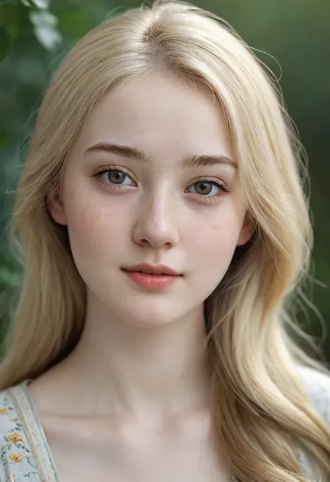 Medium sized portrait of a beautiful girl, very realistic., Central Asian girl, 15 years, porcelain skin, very fair skin, Very pale skin., blonde hair, serrated, Freckled skin, hazel eyes, thick arched eyebrows, happy face, unique face, Detailed Photos, Re...