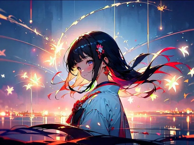 (beautifully、aesthetic:1.2)、(1 Girl:1.3)、(Black Hair:1.2)、Japanese clothing、miracle、happinessそうな笑顔、like、happiness、Great space、night、Fireworks space、Fantastic space、fireworks are in full bloom、