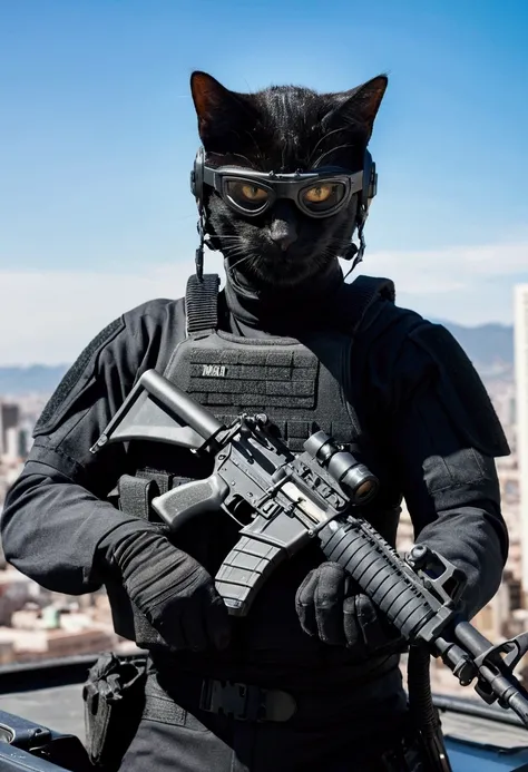 den cat, Black SWAT suit, detailed dark mascara, perfect skin, smiling, It&#39;s on the side of an armored SWAT car, in a city, He is heavily armed with a rifle, rule of thirds, high quality background, ultra detailed landscape, ultra sharp focus, detailed...