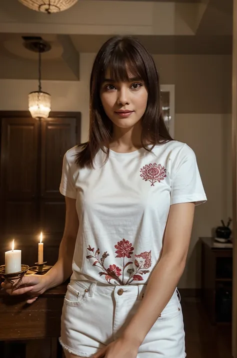 Natural photography. photo from the top corner of the room. a Russian woman stood up. face focused on the camera. Very long, straight hair with maroon color bangs, expression, sweet spoiled smile, red lips . wearing a white short-sleeved t-shirt with batik...