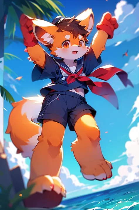 Red Panda Boy,8k resolution,Furry,          Ocean,Sailor uniform,Red collar,Highest quality,Its dark outside