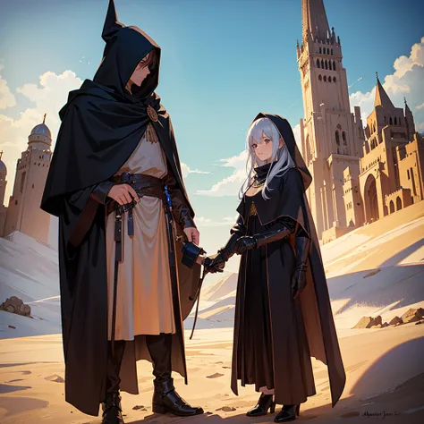 Hooded knight asking a witch her name in a desert city.