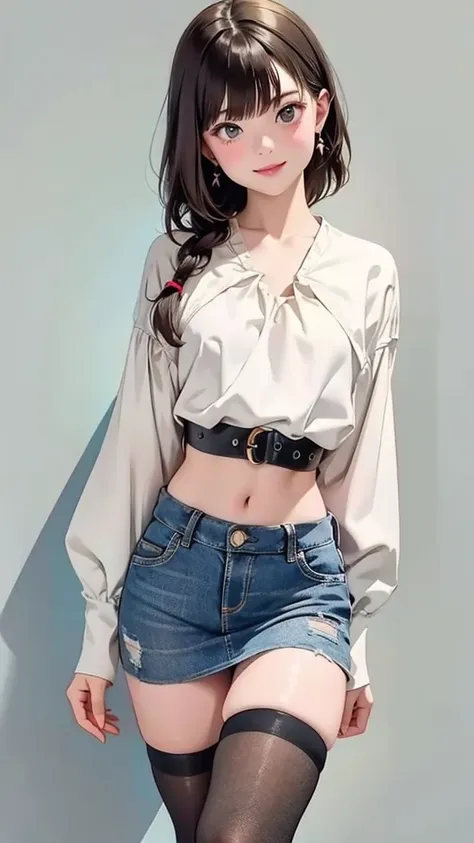 4K, masterpiece, 8K, high quality, 最high quality,10歳のLovely少等生, Very white skin, Brown long hair，A little bit，Low length，freckle，Sparse eyebrows，Straight bangs，(flat chest) ，Feminization, tilt, elegant, elegant, Lovely, Smile, Lovely, , belly button, Denim...