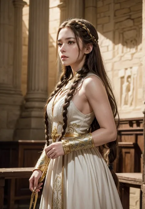 a woman with long braided hair, her hair with a sharp blade at the end, wearing white clothes with golden details, medieval rpg fantasy, heroic pose, (best quality,4k,8k,highres,masterpiece:1.2),ultra-detailed,(realistic,photorealistic,photo-realistic:1.37...