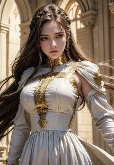 a woman with long braided hair, her hair with a sharp blade at the end, wearing white clothes with golden details, medieval rpg fantasy, heroic pose, (best quality,4k,8k,highres,masterpiece:1.2),ultra-detailed,(realistic,photorealistic,photo-realistic:1.37...