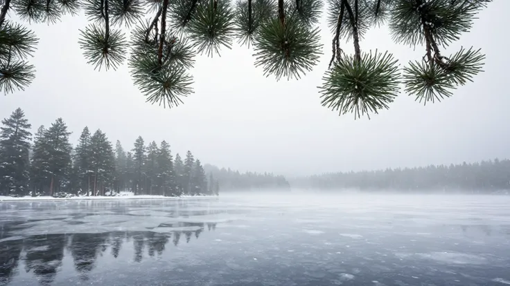 frozen lake, fog, cloudy skies, pine trees, winter, blizzard, background