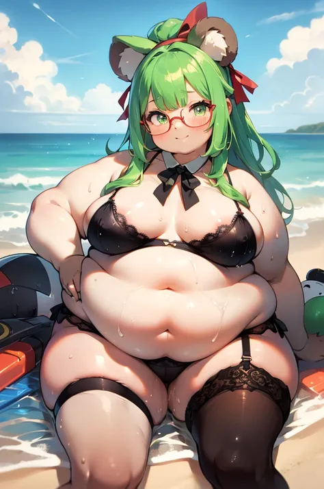 ((highest quality)),(kawaii:1.2) BREAK (Morbid obesity:1.7),cute BREAK (((obese))) BREAK (Light green hair),long hair,Red rimless glasses,Under Rim,((bangs bangs)) BREAK アヘ顔,(Double chin:1.2) BREAK (bear:1.2),(hair ribbon,garter belt,pantyhose) BREAK (sagg...