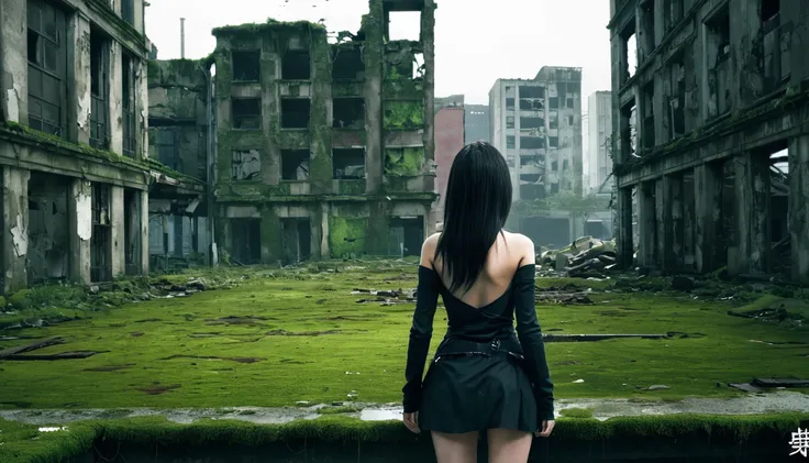 ruined city,building,android girl,back view,abandoned city,moss