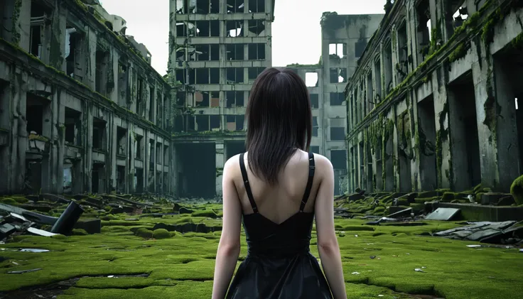 ruined city,building,android girl,back view,abandoned city,moss