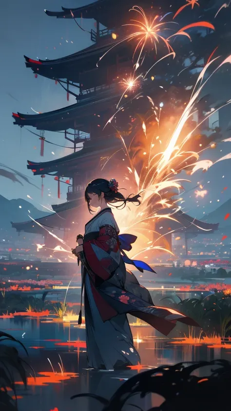 Japanese clothing、woman、Floral、night、Best image quality、Fantasy、Landscape painting、mystery、firework、Fantasyな風景