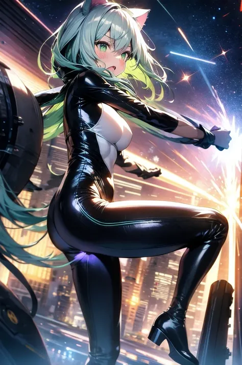 A silver-haired beautiful girl with cat ears eyes are green hair is silver and long clothes: a form-fitting black combat suit The fist is an afterimage The background is a city at night her is in a cat-like fighting pose The year is 14 years monitor, Dark ...