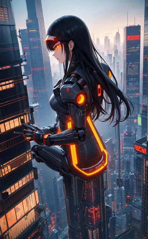 Long black hair、Beauty、Highest quality、cyber punk、cyborg、background(Tokyo from above)Jumping figure、体がcyborg、orange goggles、Mechanical Wingachine Body(robot)、Pale tones overall、high resolution、Tokyo in the daytime、Grey Sky、Exclusive