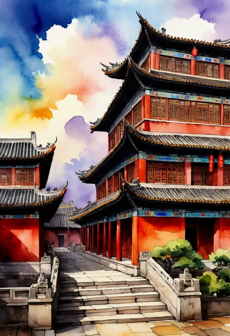 Watercolor style colorful Chinese ancient buildings, Dramatic skies, Vibrant colors.

