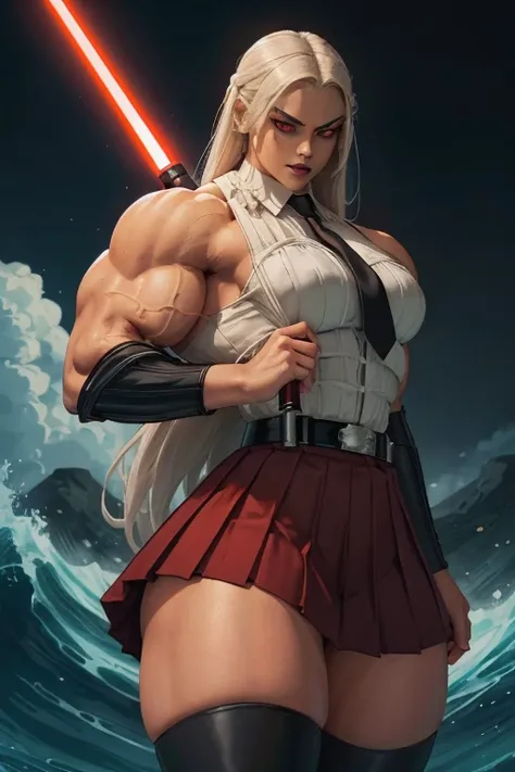 ((Massive tall, beautiful, buff, light brown skinned muscular female Sith Lord with white hair, black lipstick, ginormous bulky muscles, carrying a red lightsaber and wearing a black pleated shirt with beautiful long pleated skirt)), (((close view))), hype...