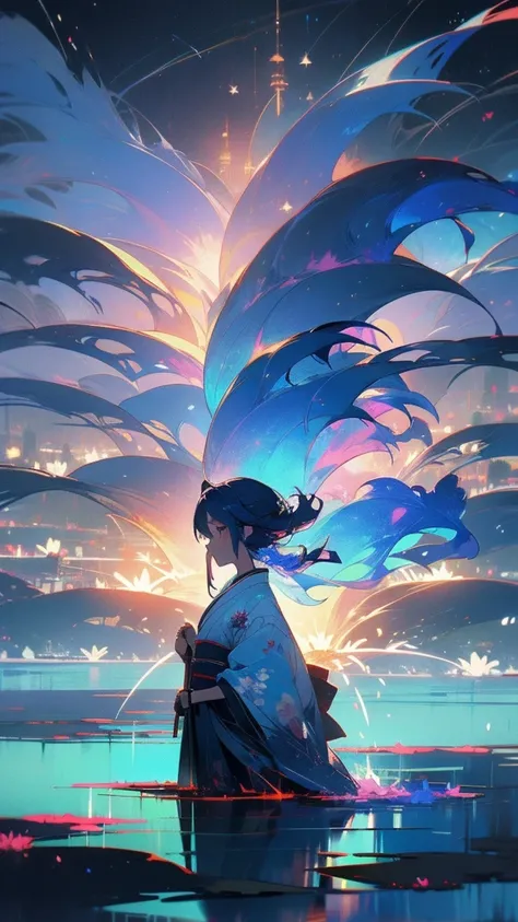 Japanese clothing、woman、Floral、night、Best image quality、Fantasy、Landscape painting、mystery、firework、Fantasyな風景、(Beautiful and aesthetic:1.2)、(1 Girl:1.3)、(Black and blue colorful hair:1.2)、
