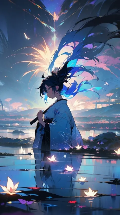 Japanese clothing、woman、Floral、night、Best image quality、Fantasy、Landscape painting、mystery、firework、Fantasyな風景、(Beautiful and aesthetic:1.2)、(1 Girl:1.3)、(Black and blue colorful hair:1.2)、
