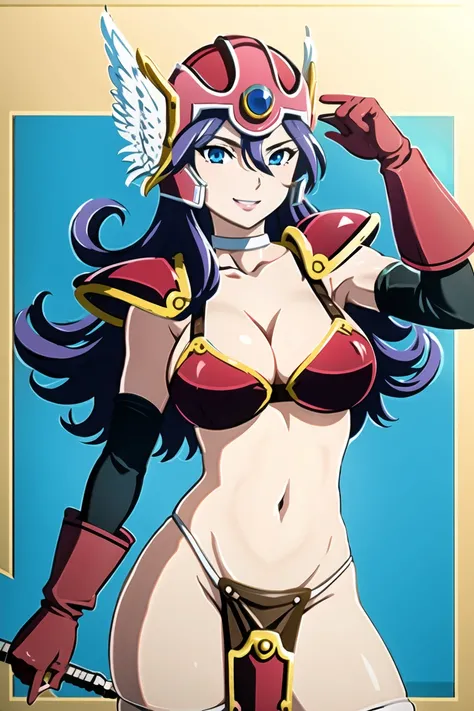 ((Masterpiece, best quality,edgQuality)), 
edgDQ, long hair, breasts, smile, blue eyes, large breasts, gloves, navel, cleavage, purple hair,  choker, elbow gloves, sword, bikini armor, winged helmet, red armor ,wearing edgDQ_armor
 