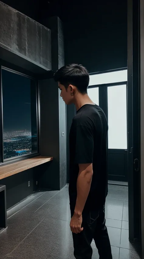 1boy, tall muscular, wearing black tshirt, standing in building, standing in dark place, looking at night city, night time, beautiful night city view, back side view