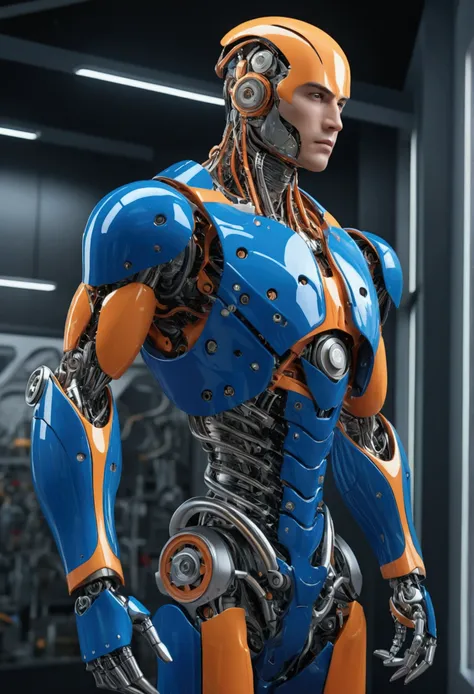 1 mechanical boy , (((masterpiece))), (((best quality))), ((ultra-detailed)), (highly detailed CG illustration), ((an extremely delicate and beautiful)),  closeup shot an image of handsome Aritouch as  huge body top half of the men are people mix robot mec...