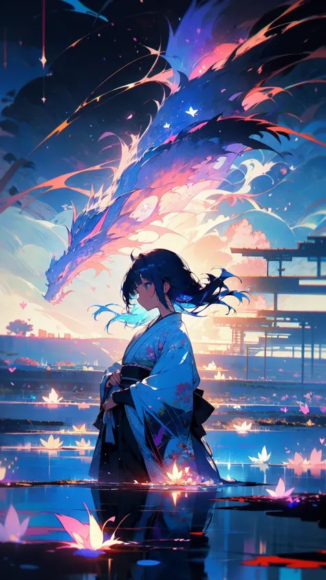 Japanese clothing、woman、Floral、night、Best image quality、Fantasy、Landscape painting、mystery、firework、Fantasyな風景、(Beautiful and aesthetic:1.2)、(1 Girl:1.3)、(Black and blue colorful hair:1.2)、
