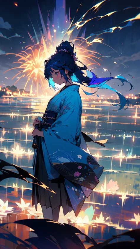 Japanese clothing、woman、Floral、night、Best image quality、Fantasy、Landscape painting、mystery、firework、Fantasyな風景、(Beautiful and aesthetic:1.2)、(1 Girl:1.3)、(Black and blue colorful hair:1.2)、
