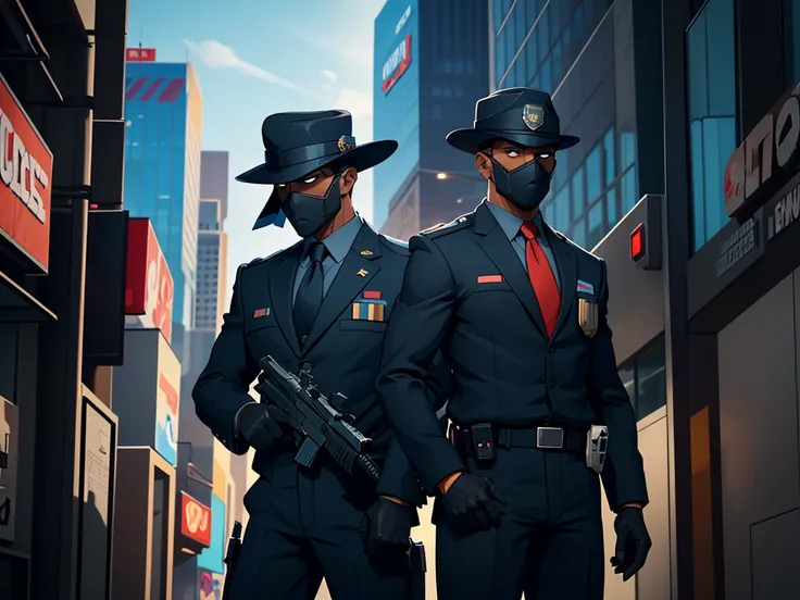 cartoon of a man in a tie and a hat with a tie, stealth suit, Security agent, guards, character design police man, character design police man!!, two characters diferentes, guards intricate, two characters, character among us, dark suit, police officers, c...