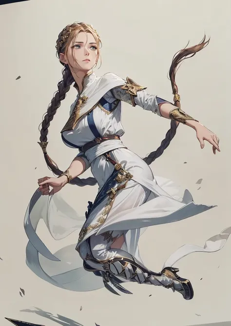 a woman with long braided hair, her hair with a sharp blade at the end, wearing white clothes with golden details, medieval rpg fantasy, heroic pose, (best quality,4k,8k,highres,masterpiece:1.2),ultra-detailed,(realistic,photorealistic,photo-realistic:1.37...