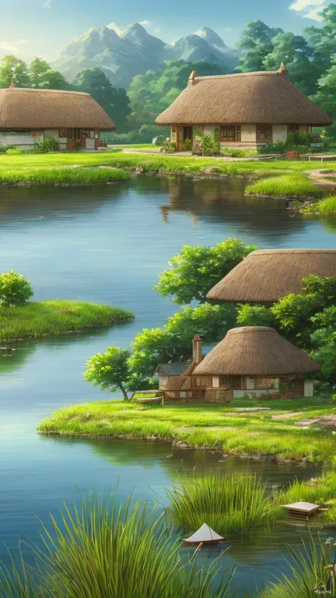 a painting of a house with a thatched roof and a boat in the water, idyllic cottage, anime countryside landscape, very beautiful scenery, detailed painting 4 k, scenery wallpaper, peaceful landscape, cottagecore!!, detailed scenery —width 672, scenery art ...