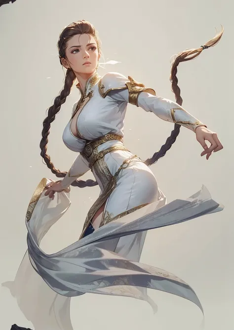 a woman with long braided hair, her hair with a sharp blade at the end, wearing white clothes with golden details, medieval rpg fantasy, heroic pose, (best quality,4k,8k,highres,masterpiece:1.2),ultra-detailed,(realistic,photorealistic,photo-realistic:1.37...