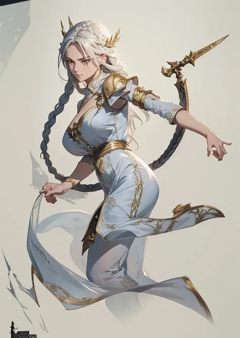 a woman with long braided hair, her hair with a sharp blade at the end, wearing white clothes with golden details, medieval rpg fantasy, heroic pose, (best quality,4k,8k,highres,masterpiece:1.2),ultra-detailed,(realistic,photorealistic,photo-realistic:1.37...