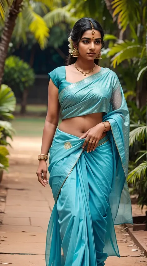 An Indian beautiful girl she is wearing a saree walking towards a gentleman on the background of Bogan via flower 