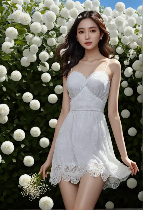 (Masterpiece, best quality:1.6), white dress, thigh, beautiful girl, (flower, Many small white petals:1.3), garden, sky, look at viewer, small waist, official art, raw photos, Incredibly nonsense., Headlight, dynamic light, movie light, ultra realistic, he...