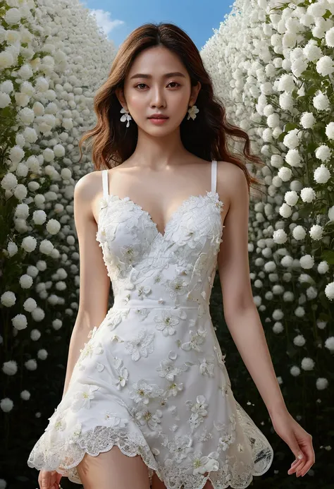 (Masterpiece, best quality:1.6), white dress, thigh, beautiful girl, (flower, Many small white petals:1.3), garden, sky, look at viewer, small waist, official art, raw photos, Incredibly nonsense., Headlight, dynamic light, movie light, ultra realistic, he...