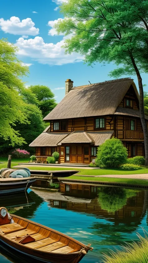 a painting of a house with a thatched roof and a boat in the water, idyllic cottage, anime countryside landscape, very beautiful scenery, detailed painting 4 k, scenery wallpaper, peaceful landscape, cottagecore!!, detailed scenery —width 672, scenery art ...