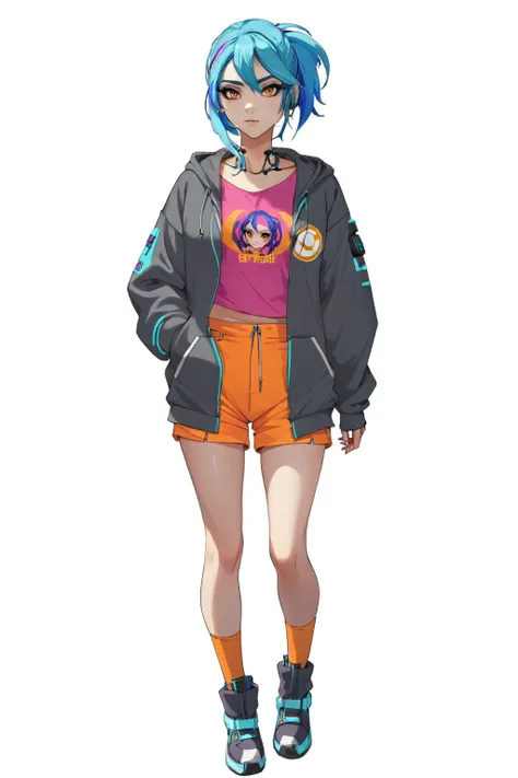 anime girl with blue hair and a pink shirt and orange shorts, cyberpunk anime girl in hoodie, anime style character, anime full ...