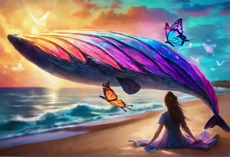 A whale with 3 sets of enormous colorful butterfly wings, flying through dreamy skies, a cute woman lying on the beach watching its majestic flight, best quality, 4k, 8k, highres, masterpiece:1.2, ultra-detailed, realistic, photorealistic, photo-realistic:...