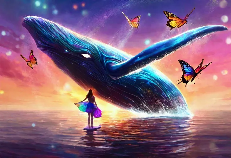 A whale with 3 sets of enormous colorful butterfly wings, flying through dreamy skies, a cute woman lying on the beach watching its majestic flight, best quality, 4k, 8k, highres, masterpiece:1.2, ultra-detailed, realistic, photorealistic, photo-realistic:...