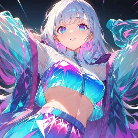 score_9_up, score_8_up, score_7_up, score_6_up, source_anime，Beautiful eyes、1girl、2d, flat、Transparent color PVC clothing, Transparent Color Vinyl Clothing, Prismatic, Holographic, chromatic aberration, Fashion Illustration,